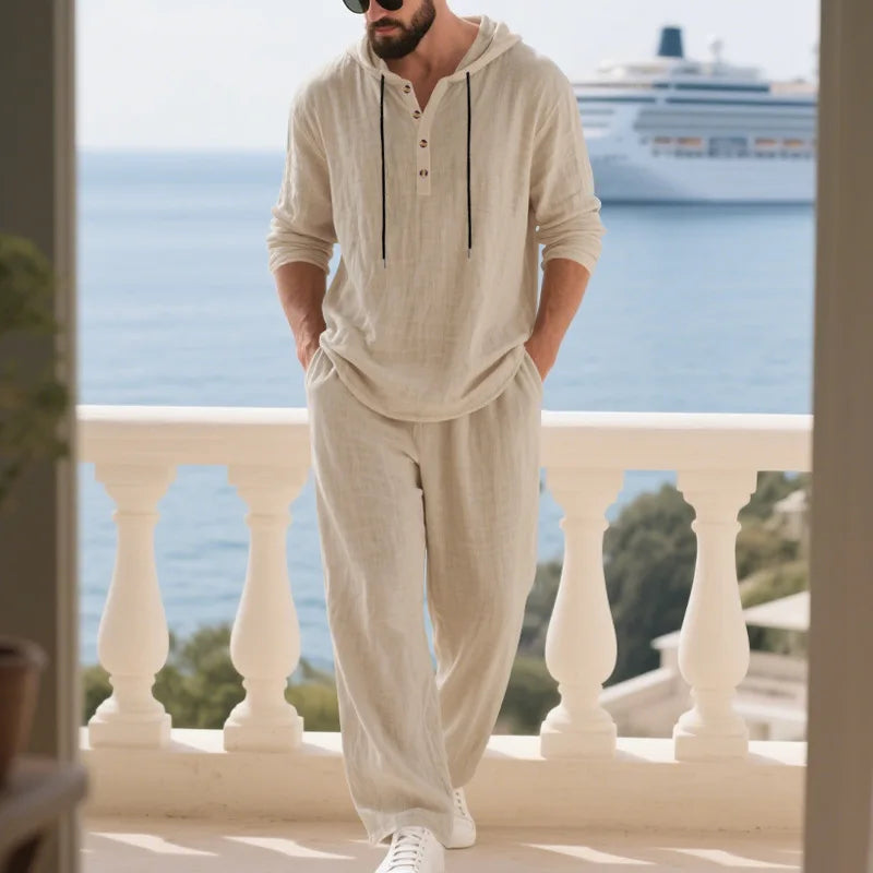 Men's Linen Casual Loose Hooded Henley Shirt & Long Pants Set – Relaxed Autumn 2-Piece Suit