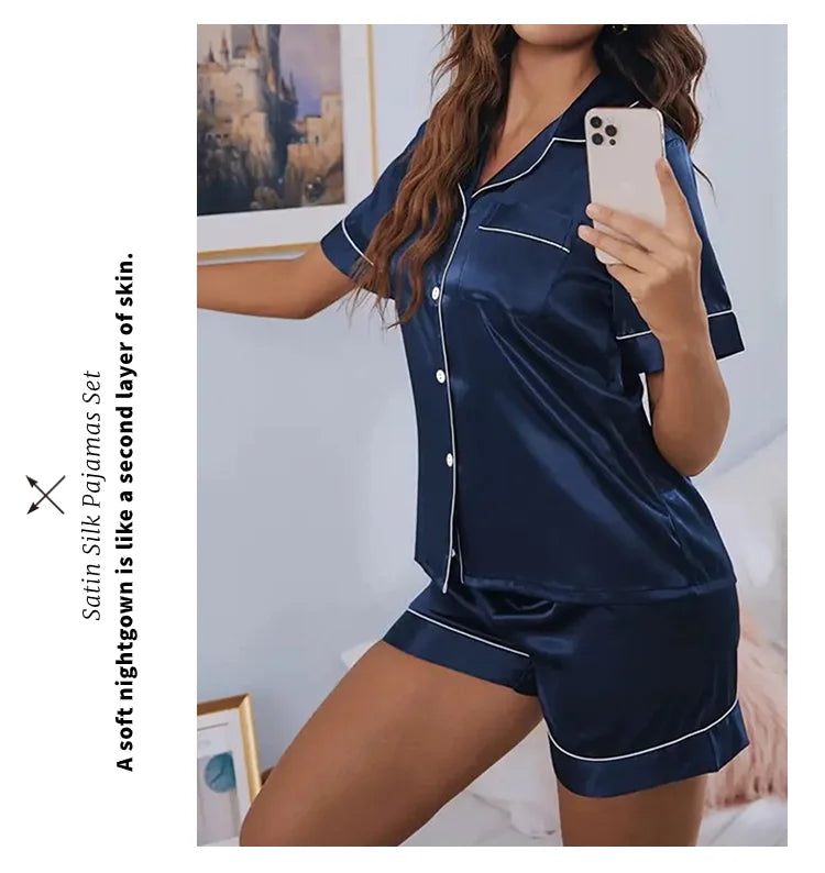 Women's Satin Sleepwear Set | Button Down Top & Shorts 2-Piece Summer Pajamas