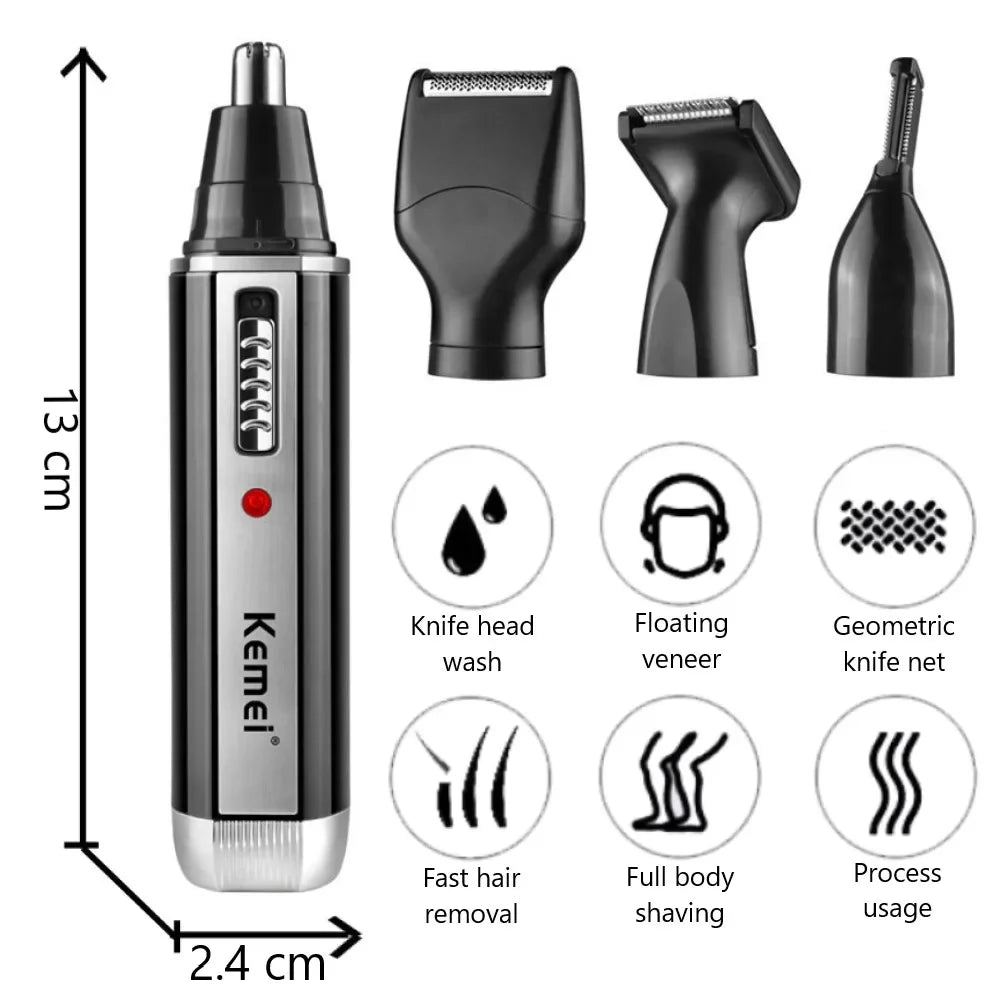 Kemei 4-in-1 Grooming Kit – Nose, Ear, Eyebrow & Beard Trimmer, USB Rechargeable