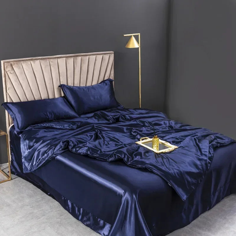 Silky Rayon Bedding Set – Luxury Solid Color Duvet Cover with Sheet & Pillowcases, 6 Colors & 5 Sizes