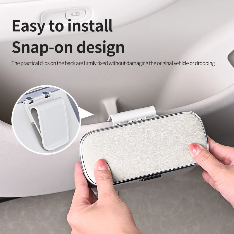 Car phone holder being installed on a car's sun visor with text about its easy installation.