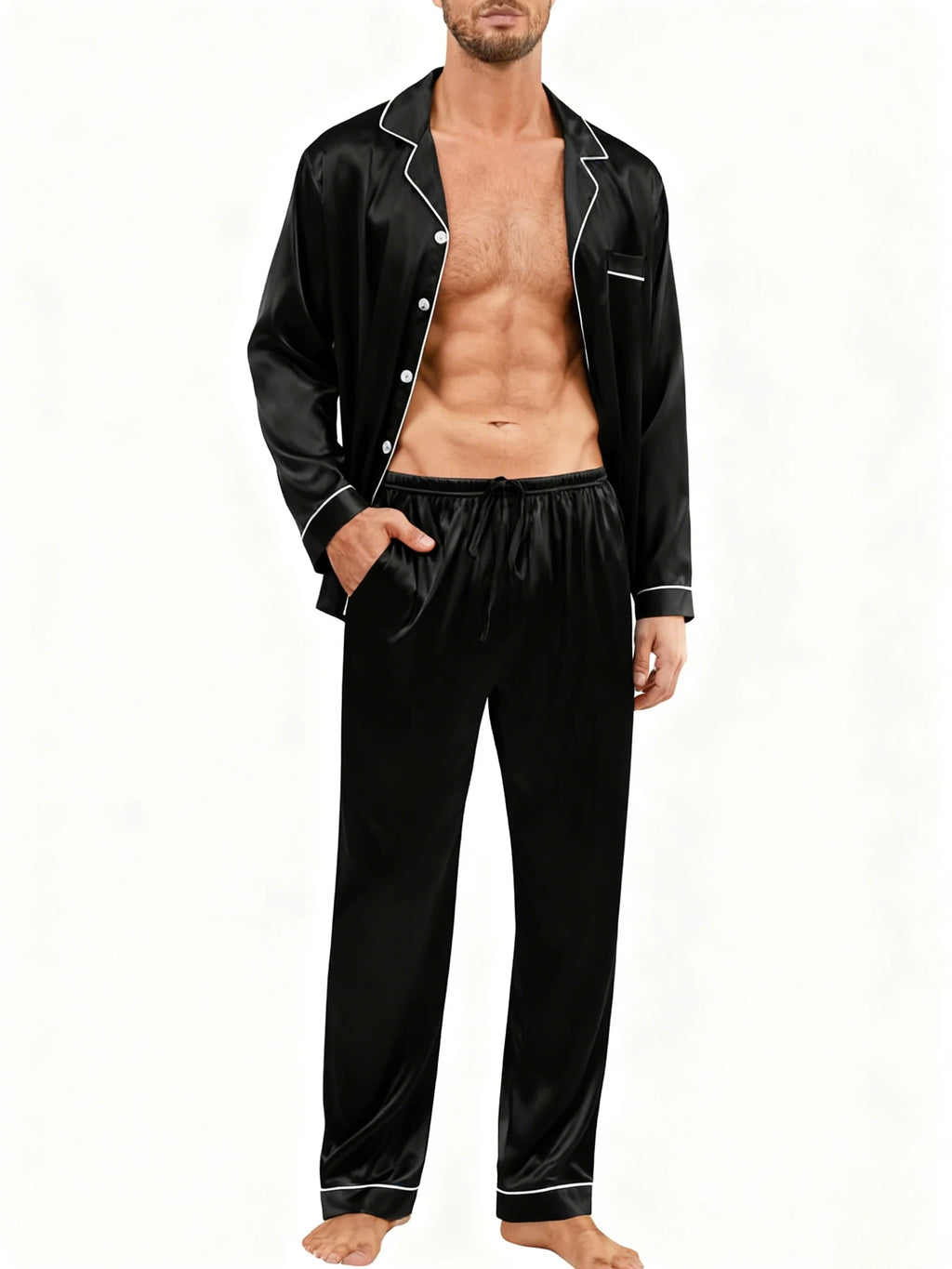 Men's Luxury Contrast Trim Pajama Set — Long Sleeve Top & Pants