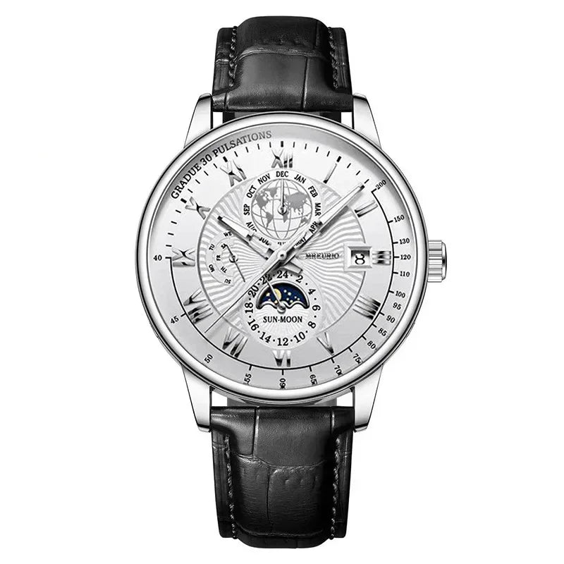 Men's Moon Phase Chronograph Quartz Watch | Luminous Leather Strap Luxury Sport Wristwatch