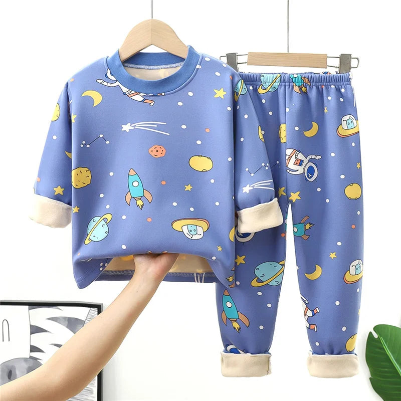 Kids' Warm Plus Velvet Pajama Sets | Fashion Print Pullover & Pants 2-Piece Outfits 1-14 Years