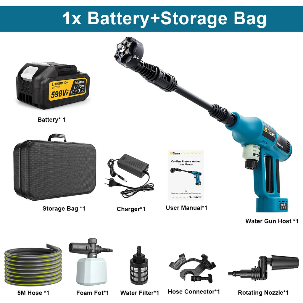 250 Bar Brushless Electric Pressure Washer Gun – 4-Speed Digital, 7L/min, Makita 18V Compatible, Foam Cannon Kit