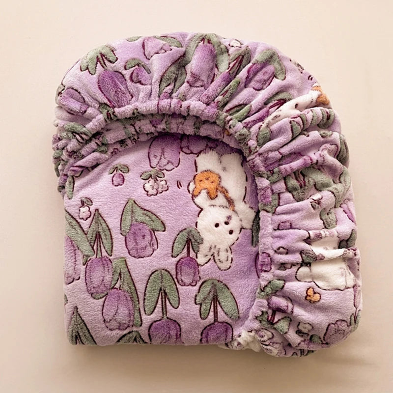 Flannel Fleece Fitted Bed Sheet – Warm Cartoon Purple, Elastic Single to King, Winter Bedsheet