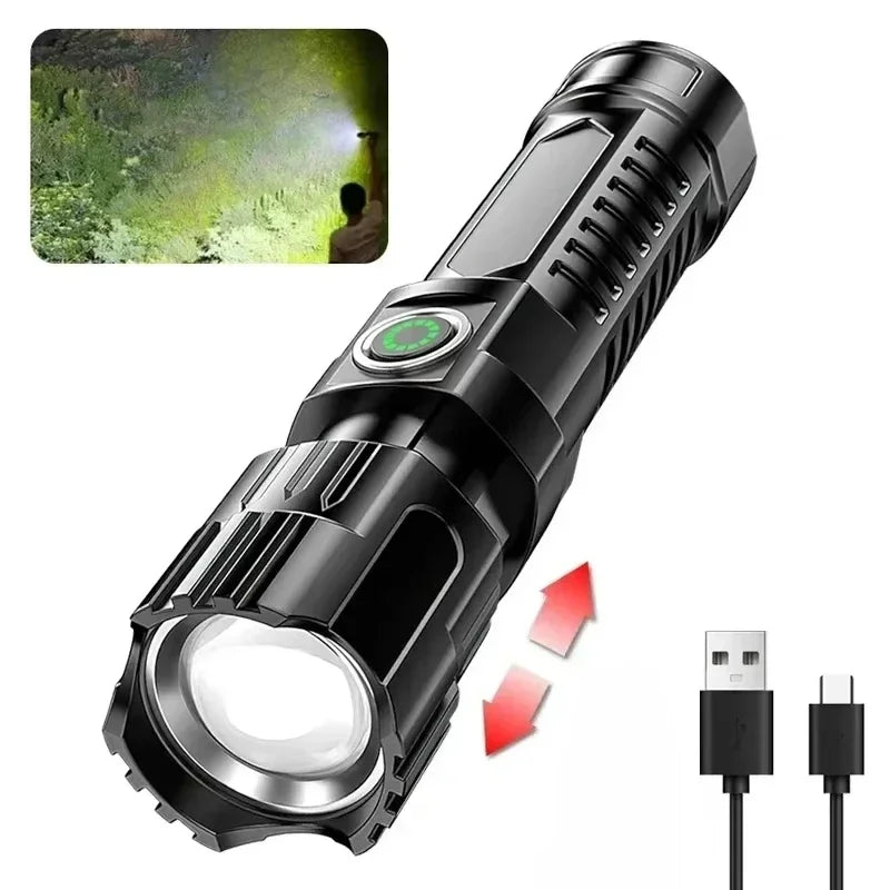 Zoomable LED Flashlight – USB-C Rechargeable, 3 Modes, Waterproof, 8–12hr Runtime for Camping & Hunting