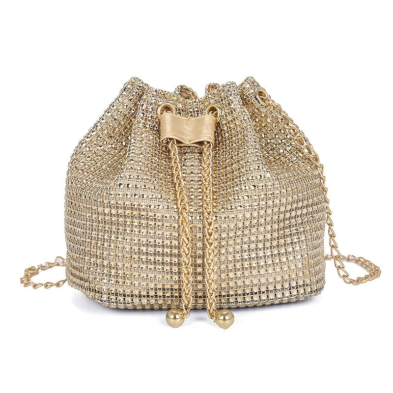 Rhinestone Drawstring Crossbody Bucket Bag – Formal Handbag for Women