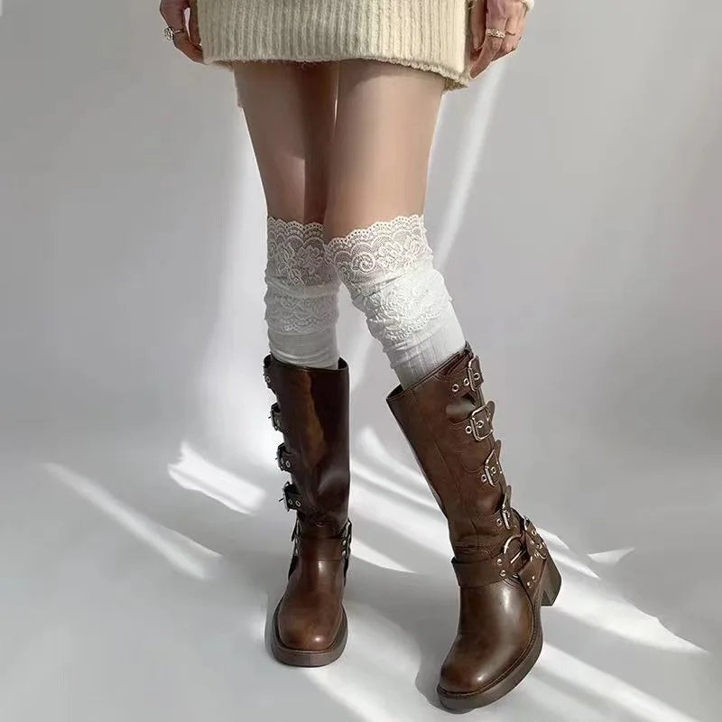 Women's Lace Thigh-High Stockings – Thick Cotton Blend