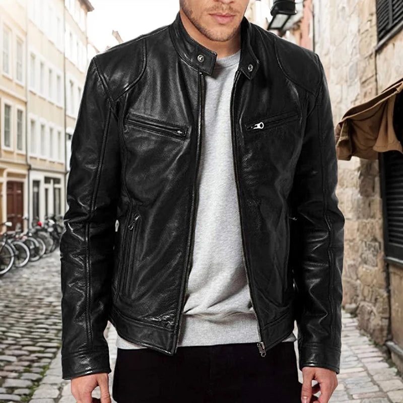 Men's Faux Leather Biker Jacket – Stand Collar Zip Front