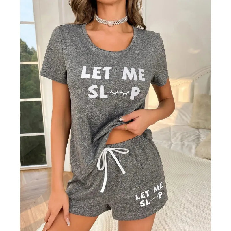 Letter Print Short Sleeve Top & Shorts Pajama Set — Casual Homewear