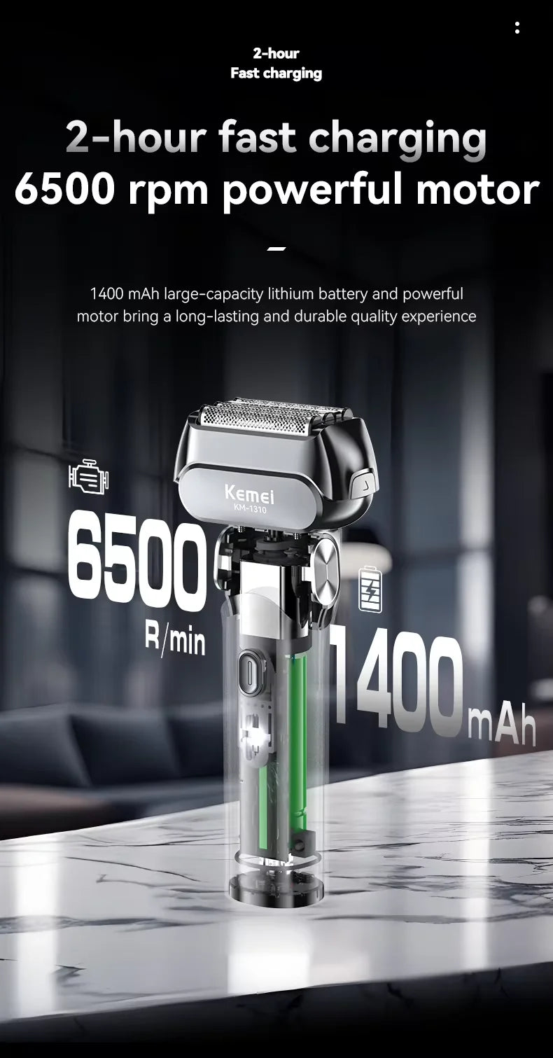 Kemei KM-1310 Rechargeable Men's Electric Shaver – 4-Blade Reciprocating, Wet/Dry, 100-Min Battery