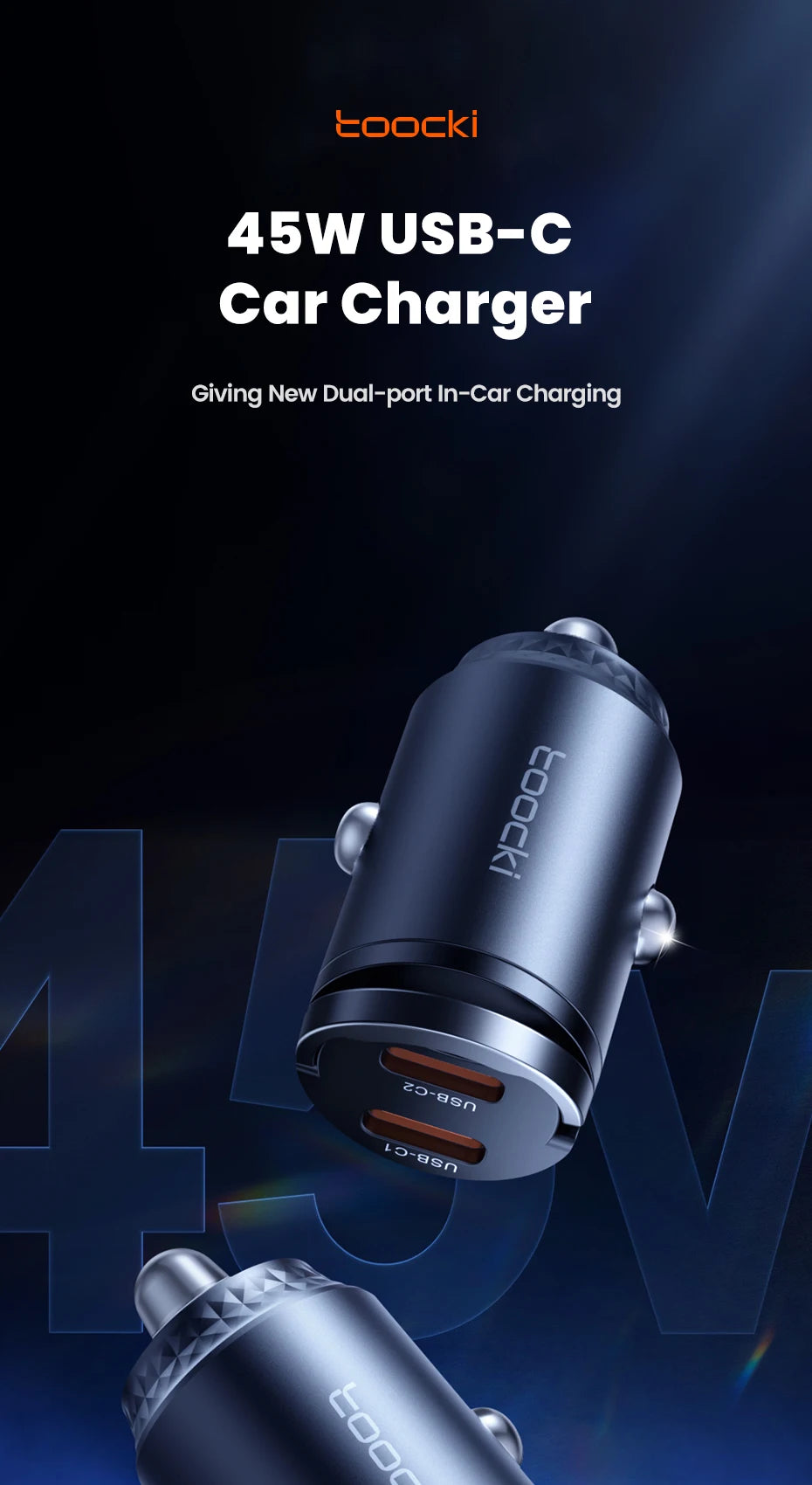 Toocki 45W Mini PD Car Charger — Fast Charging USB-C for iPhone & Samsung