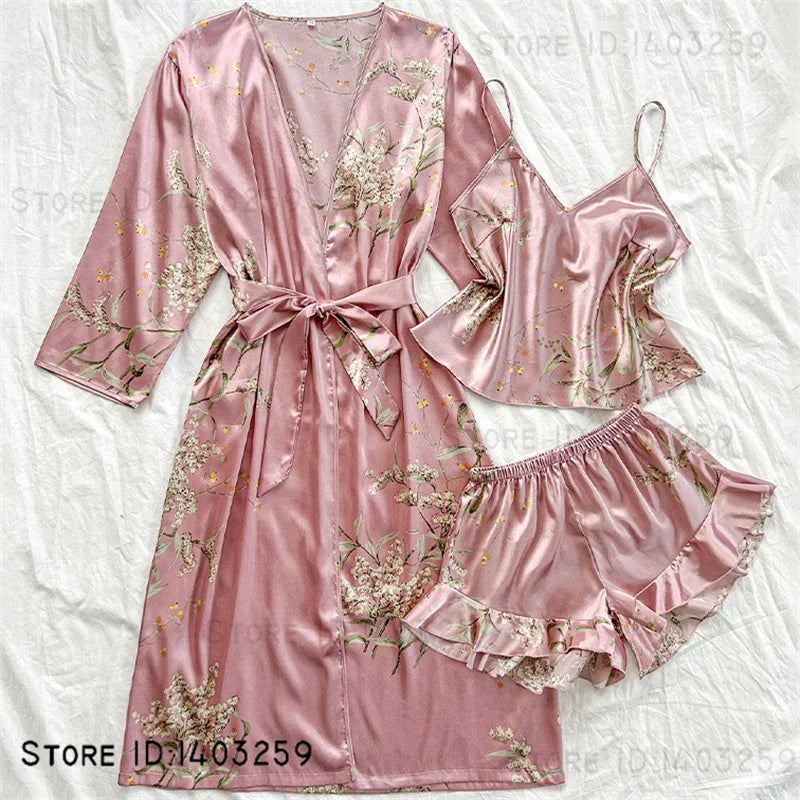 3-Piece Floral Kimono Robe & Pajama Set — Satin Loungewear