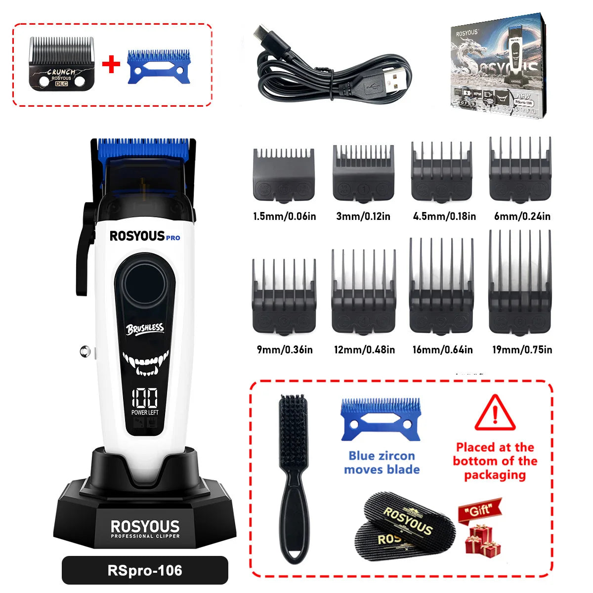 ROSYOUS Professional Brushless Hair Clipper – DLC Blade, LED Display, Base Charger, 240-Min Runtime