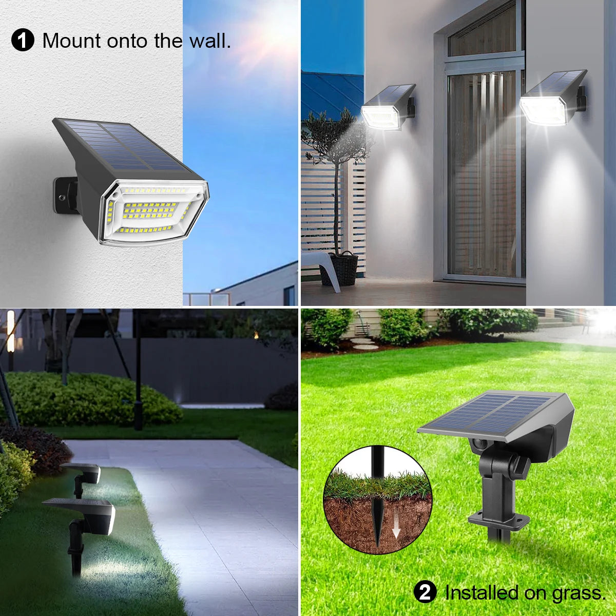 59-LED Solar Spotlight – IP65 Waterproof, 3 Brightness Modes, 2-in-1 Ground & Wall Mount for Garden