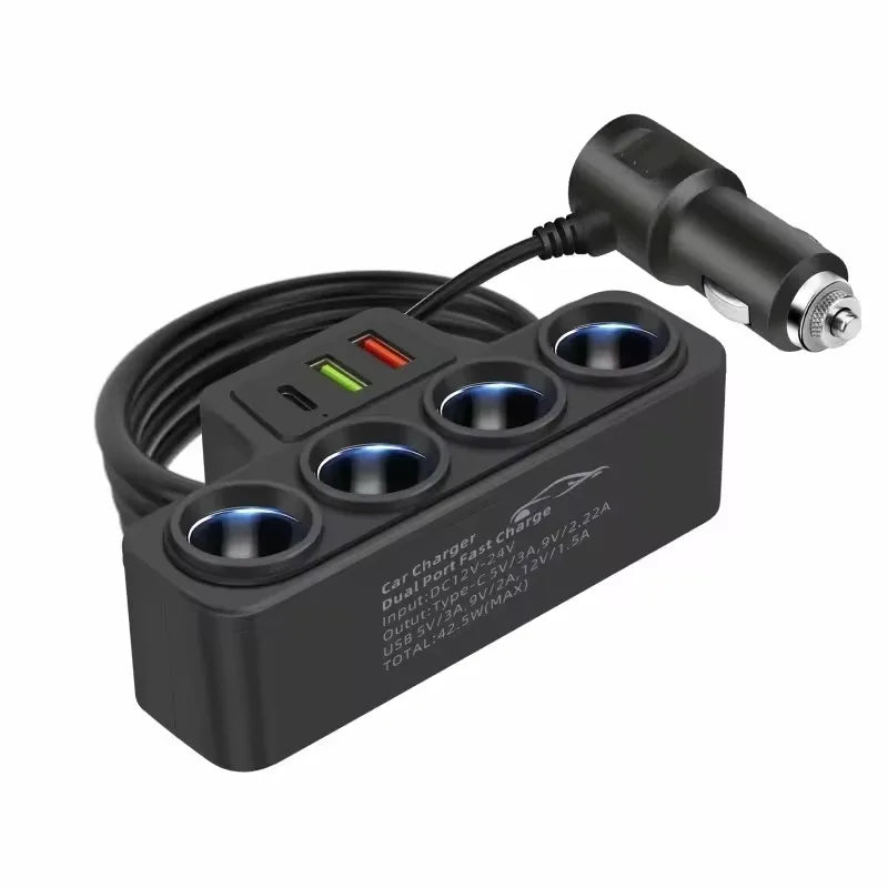 120W Multi-Function USB & Type-C Fast Charging Car Charger – 4-Port Multi-Device Charger