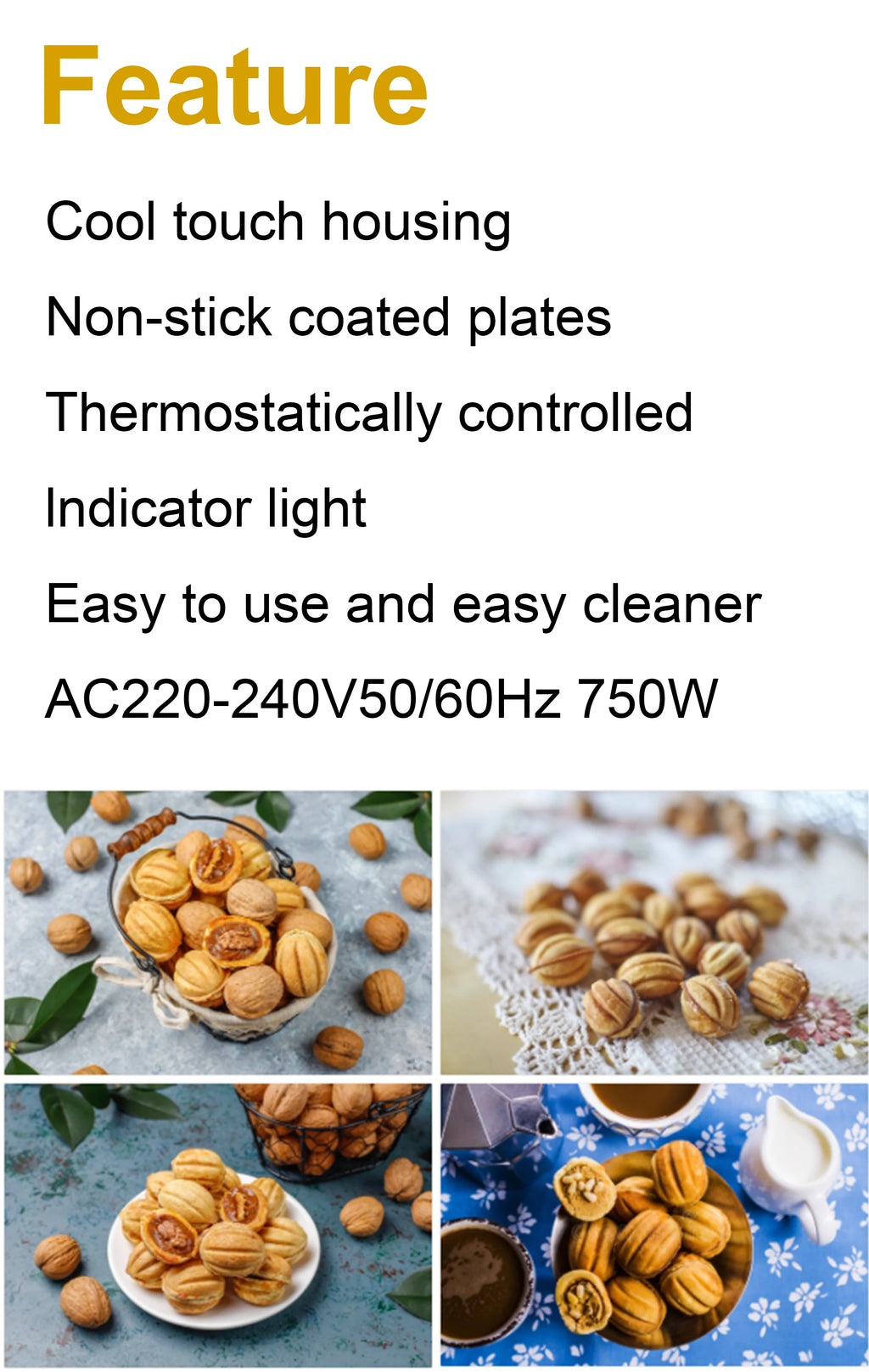 Sonifer 750W Electric Walnut Cake & Waffle Maker – Non-Stick Iron Pan, Breakfast Kitchen Appliance