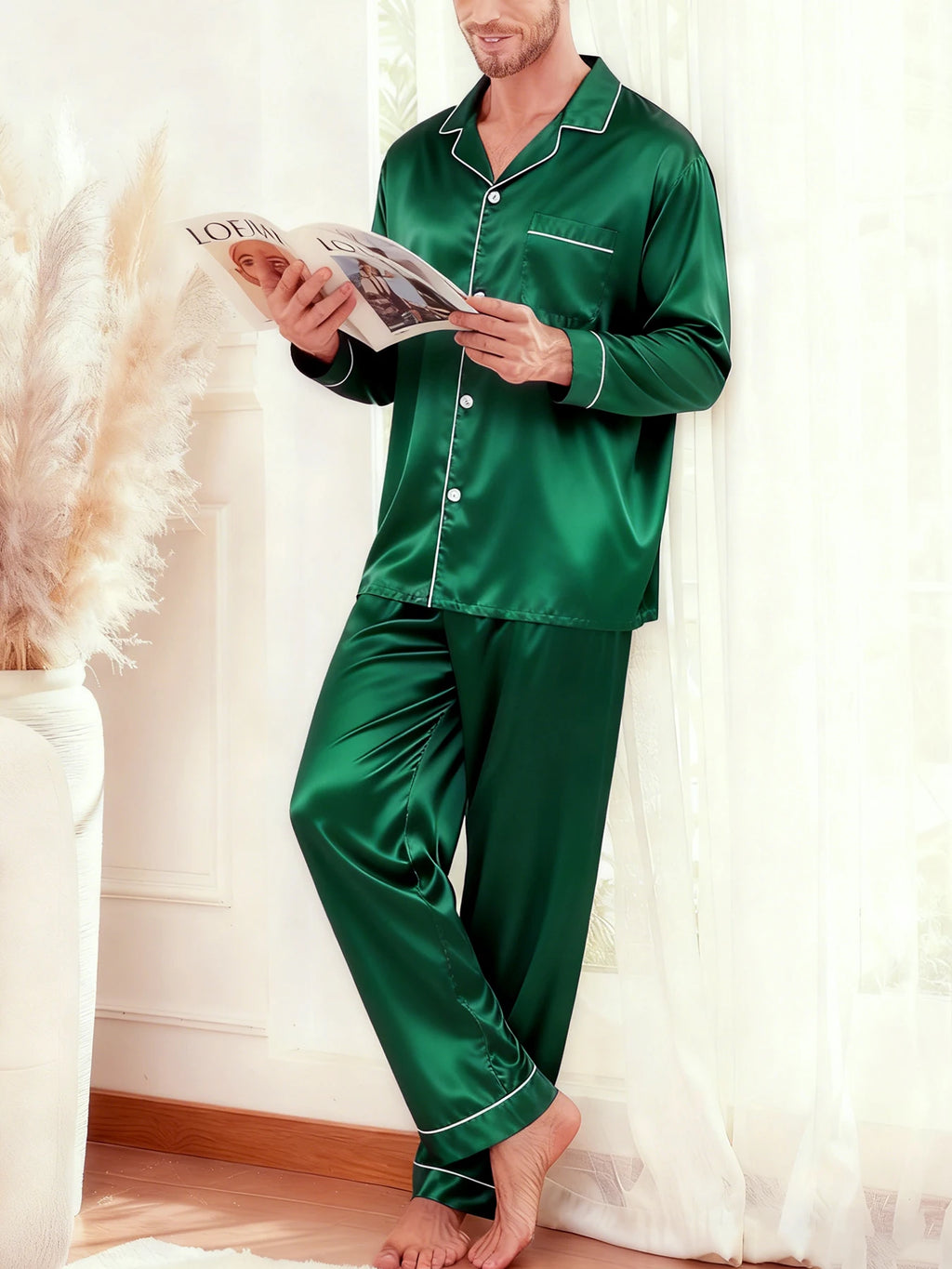 Men's Luxury Contrast Trim Pajama Set — Long Sleeve Top & Pants