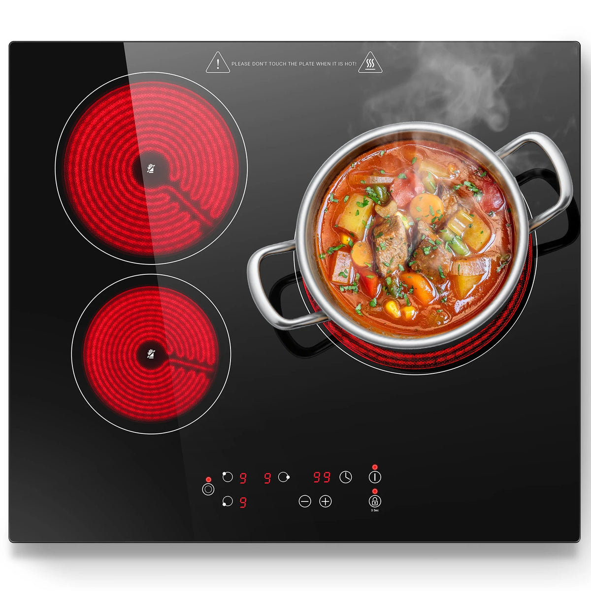 2-Zone Ceramic Hob – 3000W, Child Lock, 9 Heat Levels, 1-99 Min Timer, 60cm Black Glass (CE Certified)