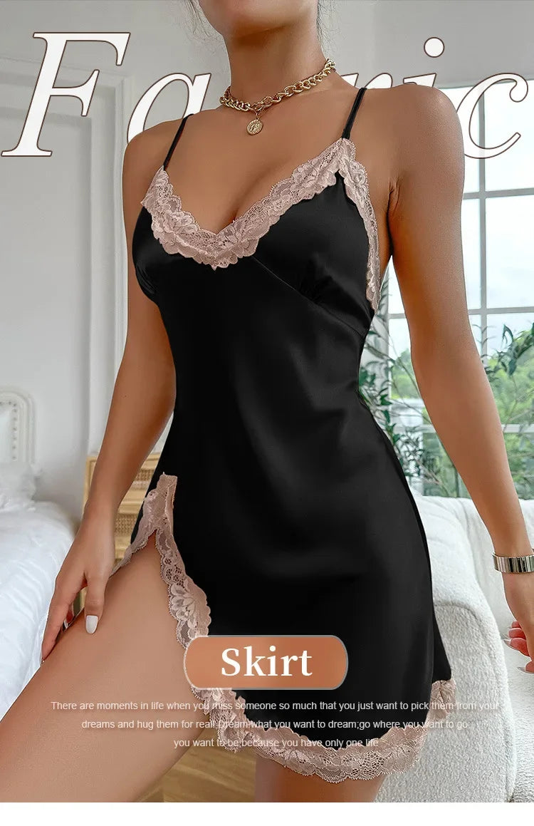 Lace Trim Leopard Nightdress — V-Neck Backless Side Split Slip Sleep Dress