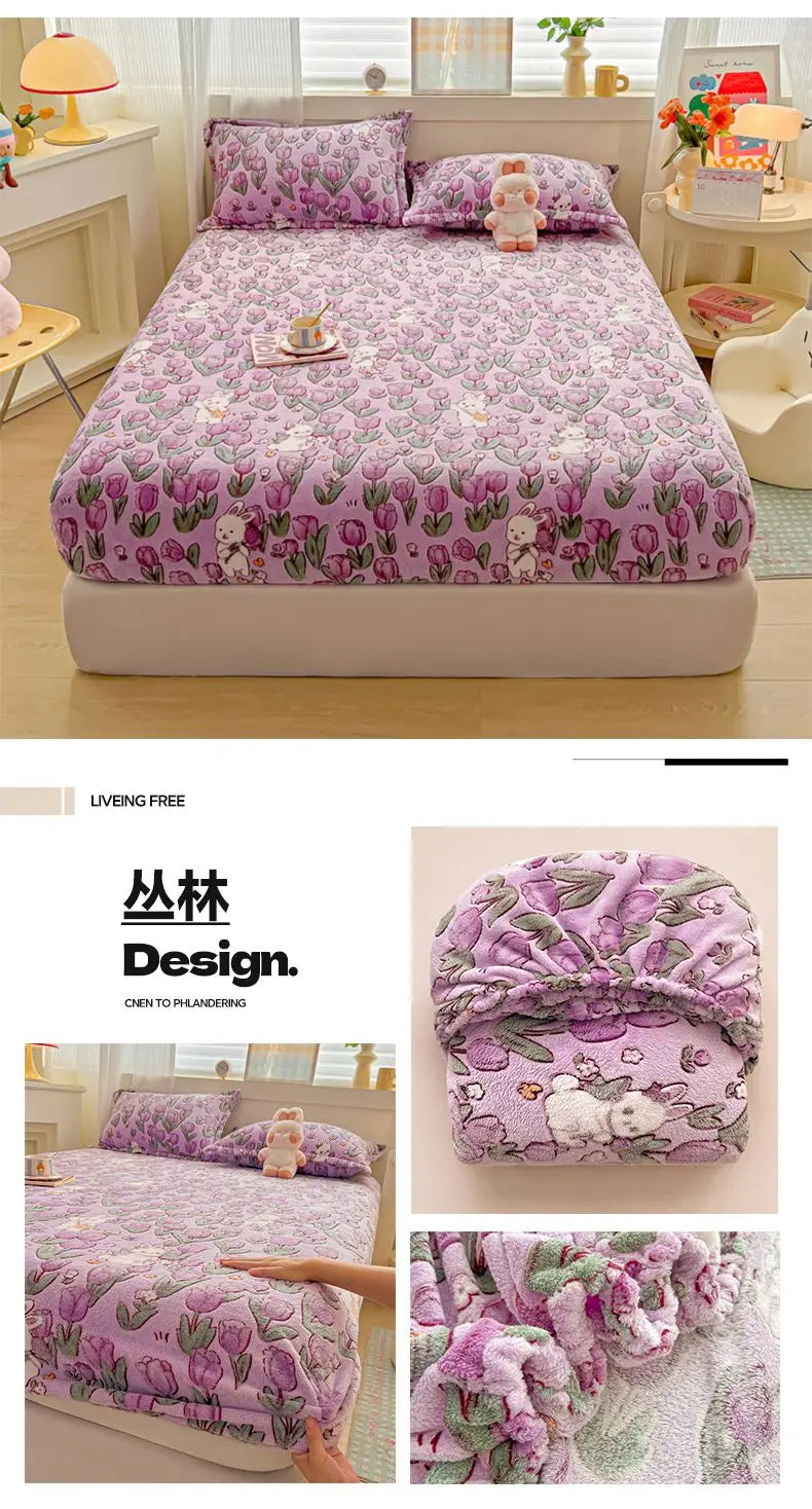 Flannel Fleece Fitted Bed Sheet – Warm Cartoon Purple, Elastic Single to King, Winter Bedsheet