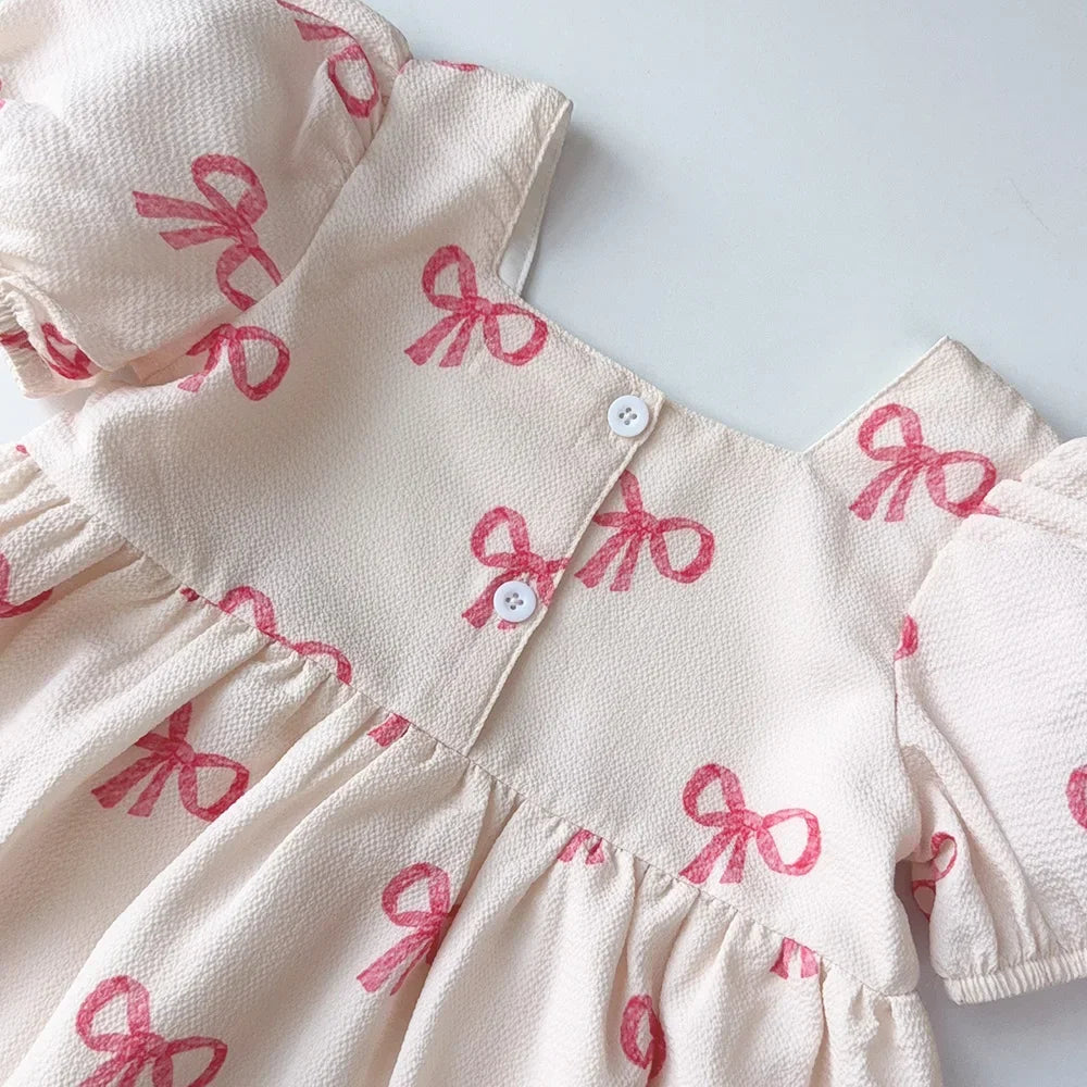 Bow Print Girls Casual Dress — Short Sleeve Sweet Summer Dress (3–7 Years)