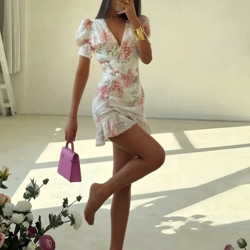 Women's Floral Ruffle Slim Dress – Deep V-Neck Double Layered Ruffled Hem Party & Daily Gown