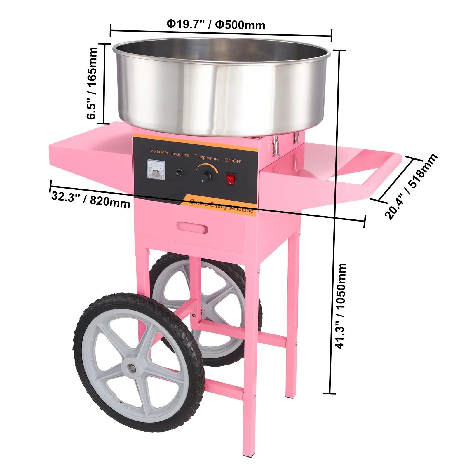 Commercial Cotton Candy Machine 1000W — Electric Floss Maker with Cart, Stainless Steel Bowl