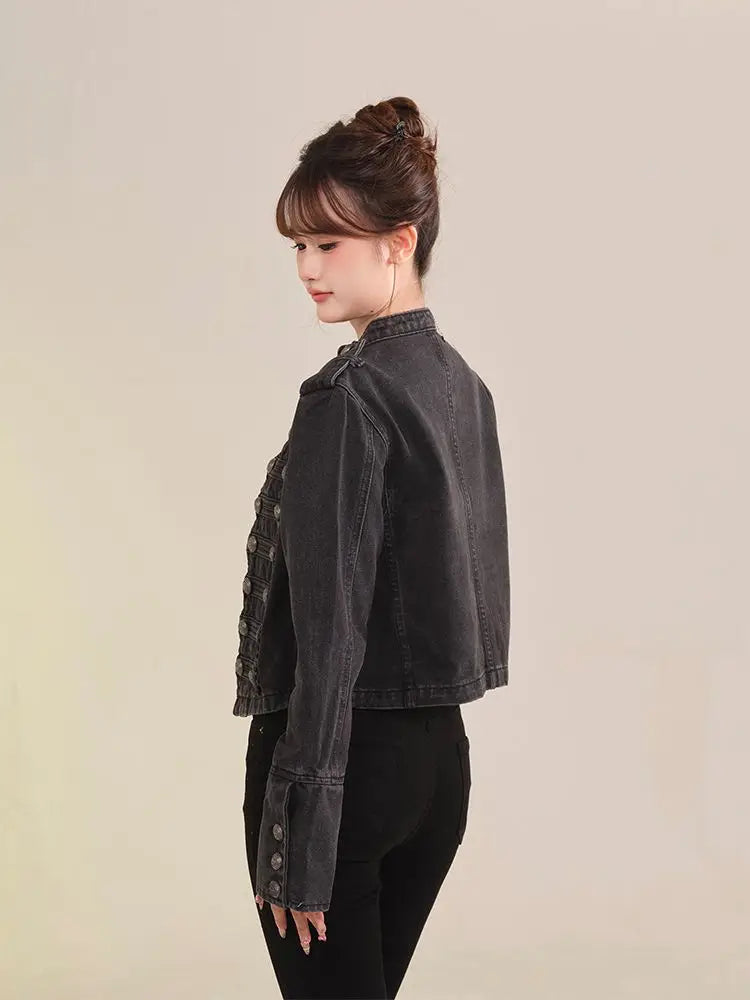 Women's Retro Button Slim Stand Collar Denim Jacket – Short Jean Coat in Black
