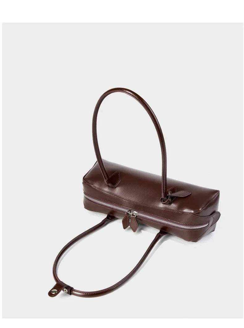 Vintage Genuine Leather Baguette Shoulder Bag – Korean Luxury Underarm Handbag for Women