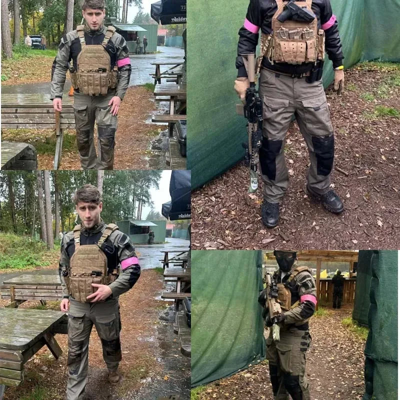 Men's Tactical Combat Suit – Camo Hooded Shirt & Cargo Pants with Pads