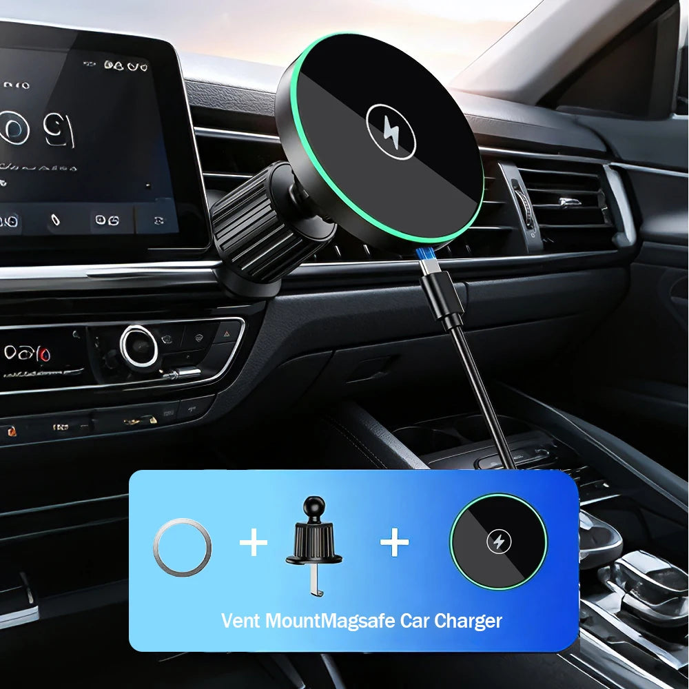 30W Magnetic Car Wireless Charger with LED Light – Phone Mount for iPhone 12–17 Pro Max