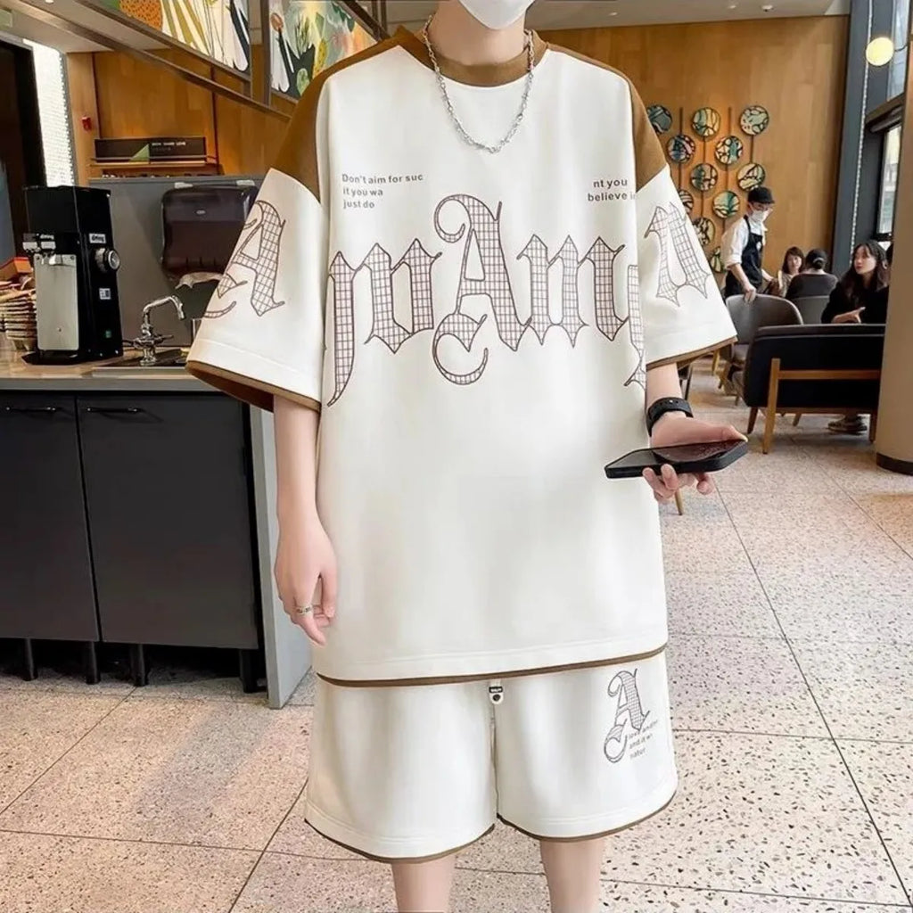 Men's Letter Print Short Sleeve T-Shirt & Drawstring Shorts Breathable Sports Set