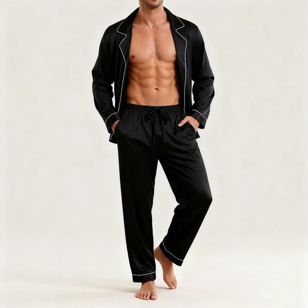 Men's Luxury Contrast Trim Pajama Set — Long Sleeve Top & Pants