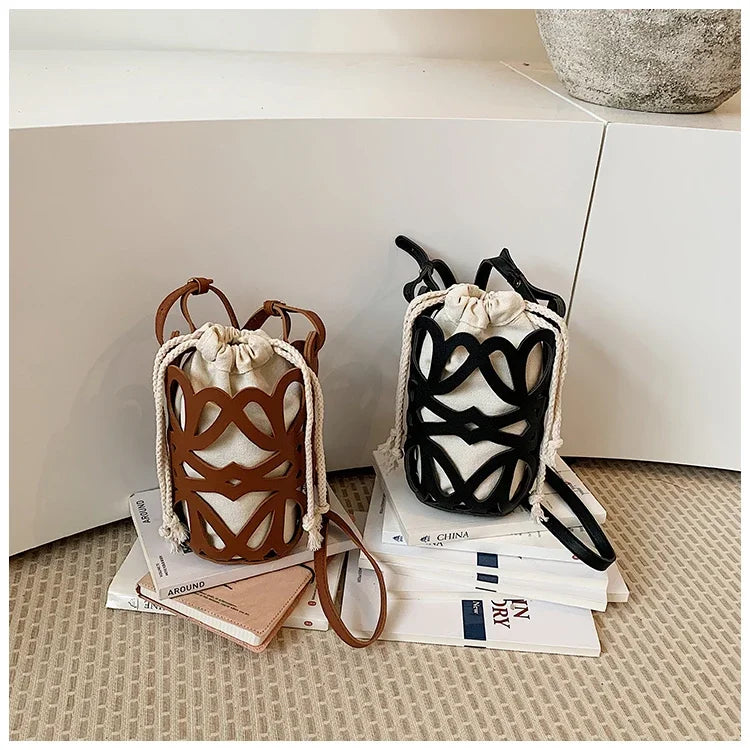 Brilliant Fish Hollow Out Drawstring Mini Bucket Crossbody Bag – Adjustable Strap Shoulder Bag for Women