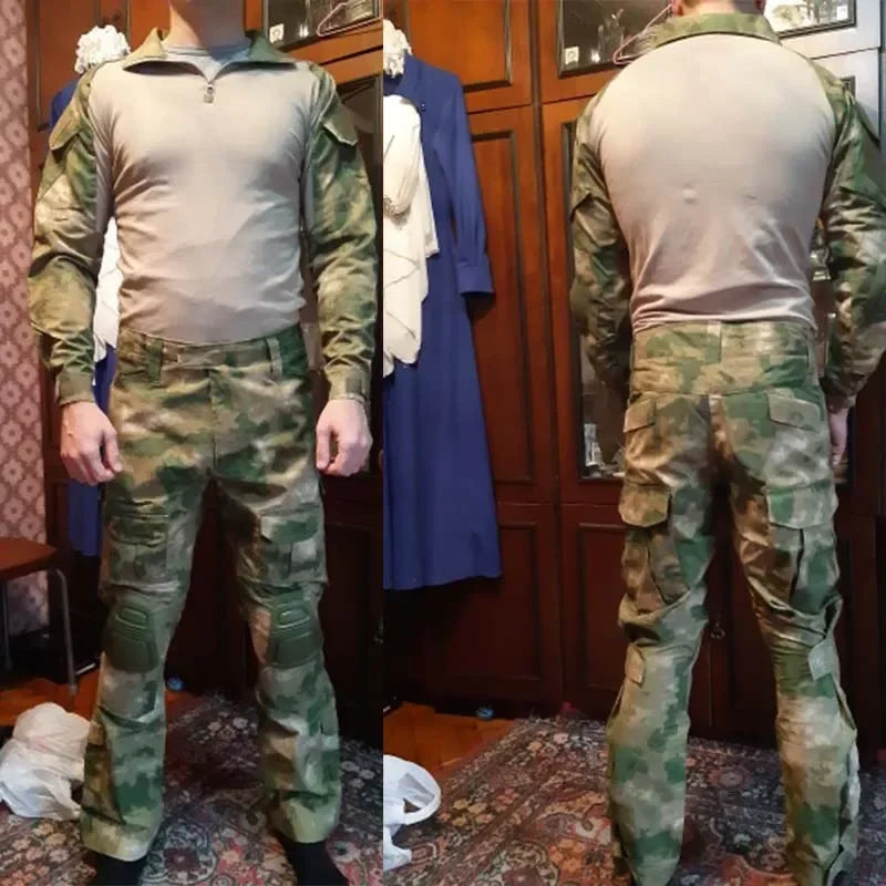 Men's Tactical Combat Suit – Camo Hooded Shirt & Cargo Pants with Pads