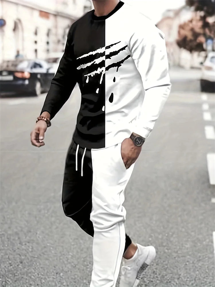 Men's Retro Quilted Print Long Sleeve T-Shirt & Pants Set – Casual Street Sport 2-Piece
