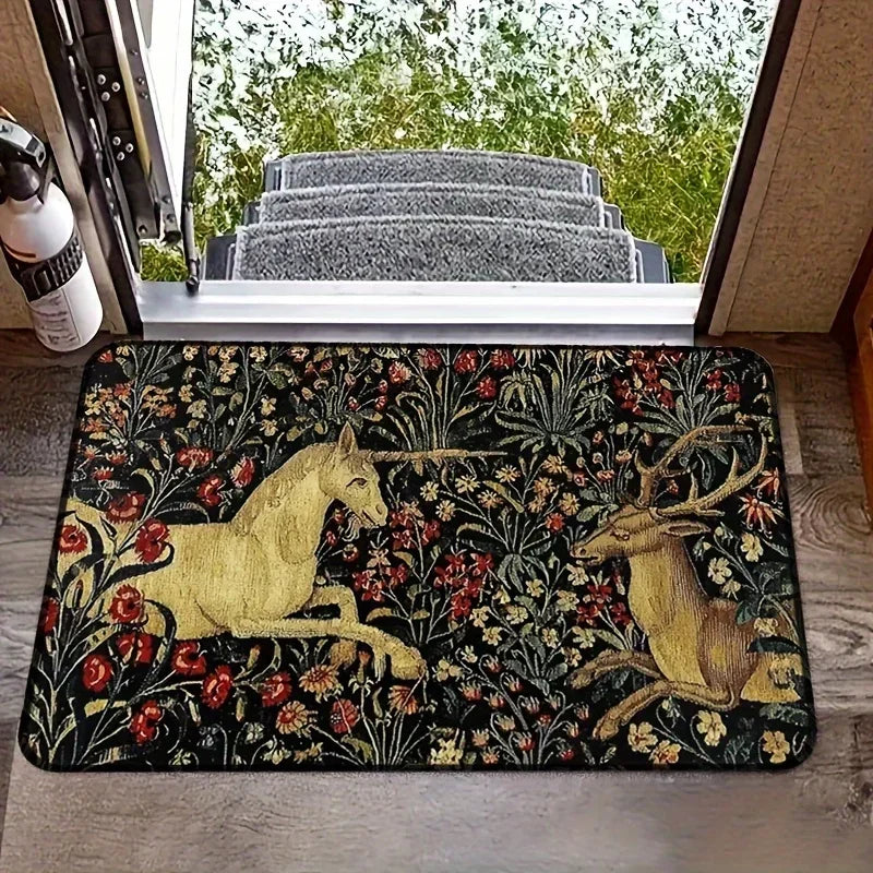 Medieval Unicorn Floral Doormat – Non-Slip Washable Rug for Home Decor