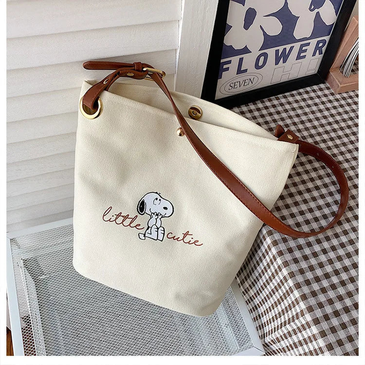 Snoopy Canvas Bucket Bag – Cute Letter Print Crossbody Shoulder Bag for Women
