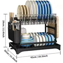 2-Tier 360° Rotating Dish Drying Rack — No-Drill Metal Kitchen Organizer with Utensil Holder & Drainboard