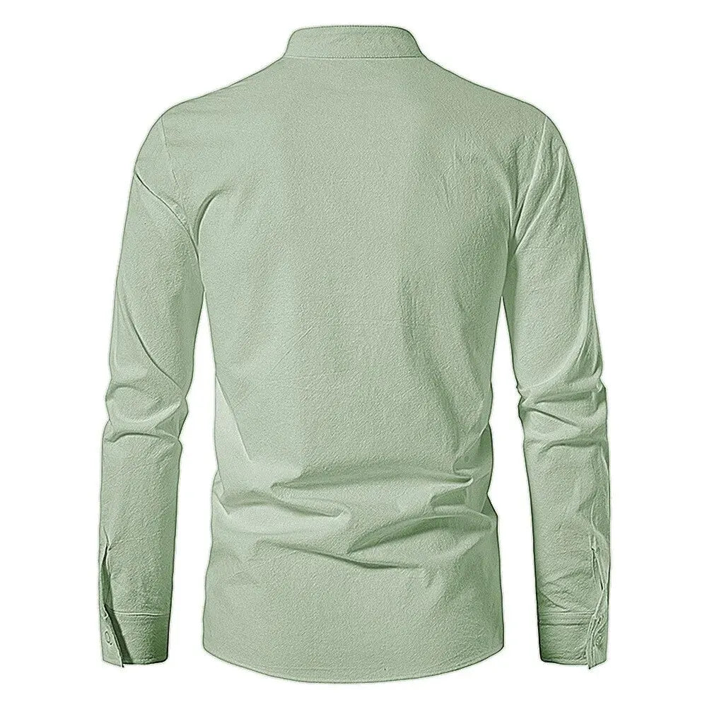 Men's Cotton Linen Drawstring Long Sleeve Shirt — Vintage Casual US Size Top