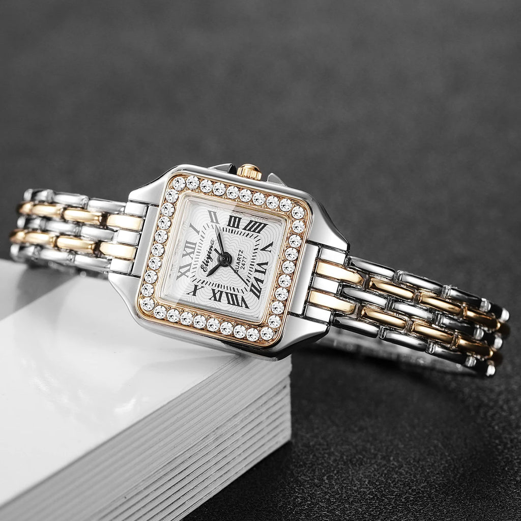 Women's Elegant Rhinestone Square Quartz Watch | Roma Dial Fashion Ladies Wristwatch
