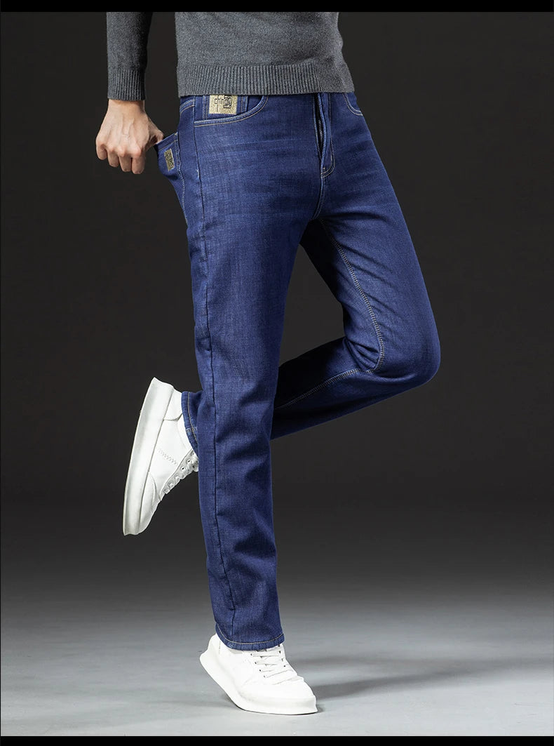 Men's Fleece-Lined Straight Denim Jeans — Warm Thick Winter Stretch Jeans