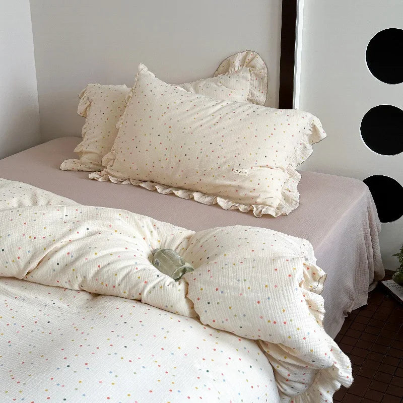 Princess Ruffle Bedding Set – 100% Cotton Gauze Duvet Cover with Pillowcases, Floral, 3-Piece