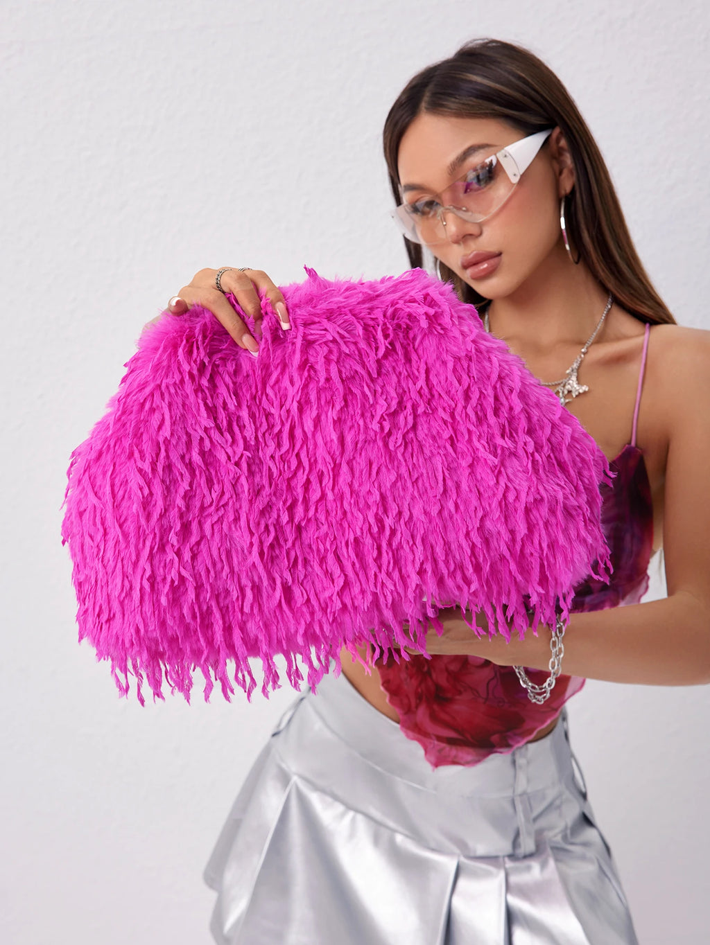 Y2K Dopamine Fuzz Clip Clutch Bag – Large Capacity Party Prom Wedding Purse for Women