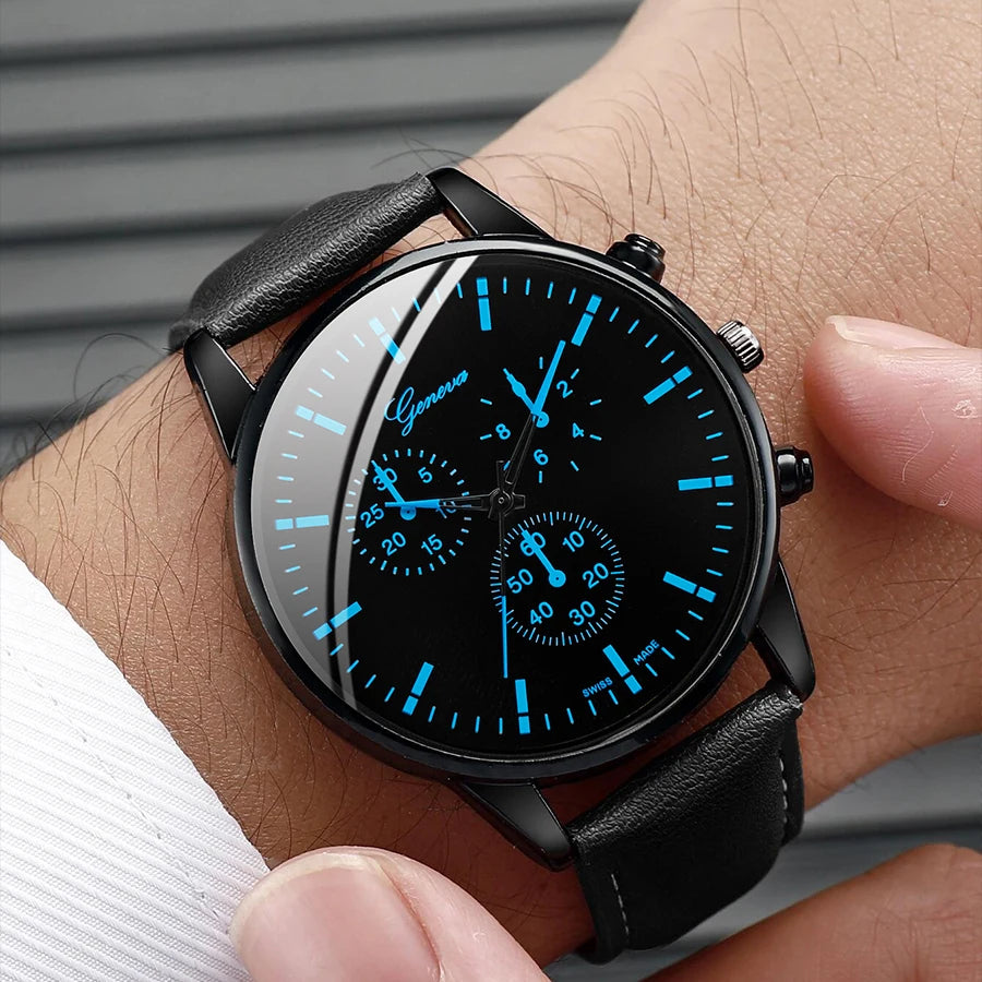 Men's 3-Piece Business Watch Set | Leather Band Quartz Watch + Necklace + Bracelet Gift Set