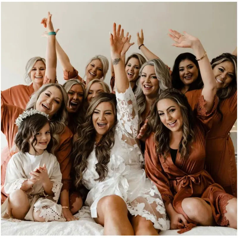 Bridesmaid Satin Lace Robe | Bridal Party Wedding Dressing Gown with Lace Trim