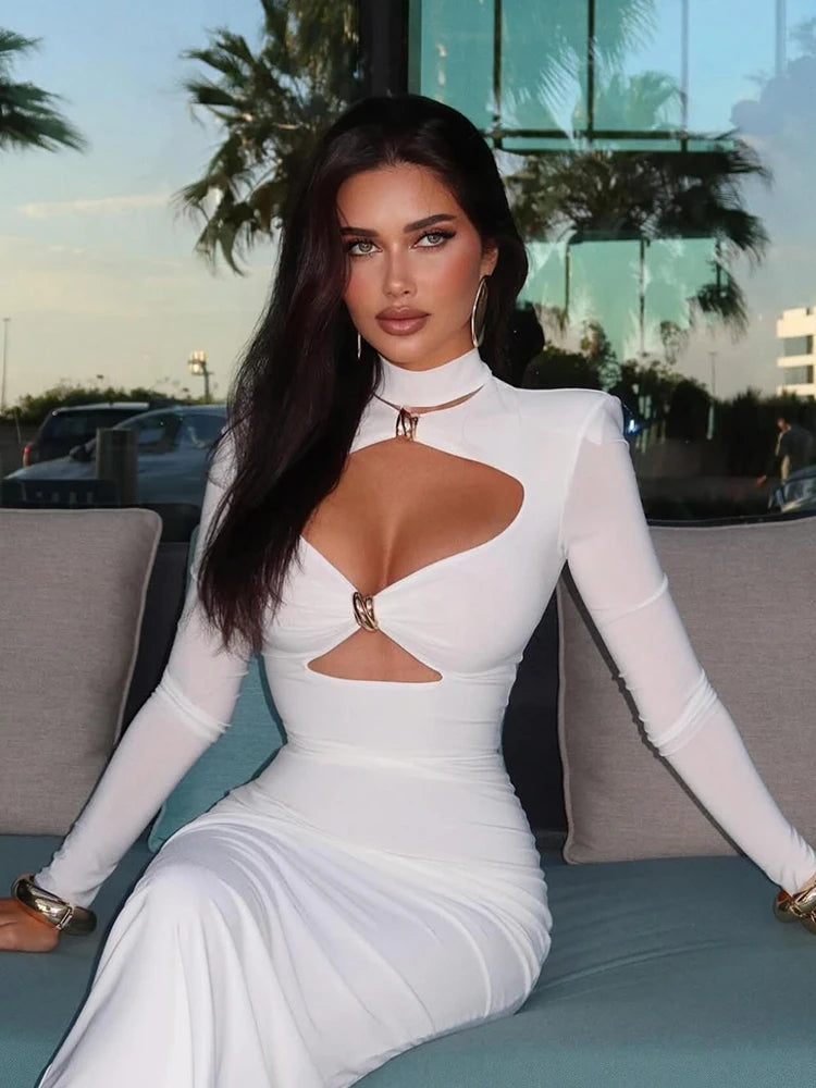 Turtleneck Hollow-Out Sheath Hip Wrap Long Dress — Sexy Full Sleeve Elegant Party Dress