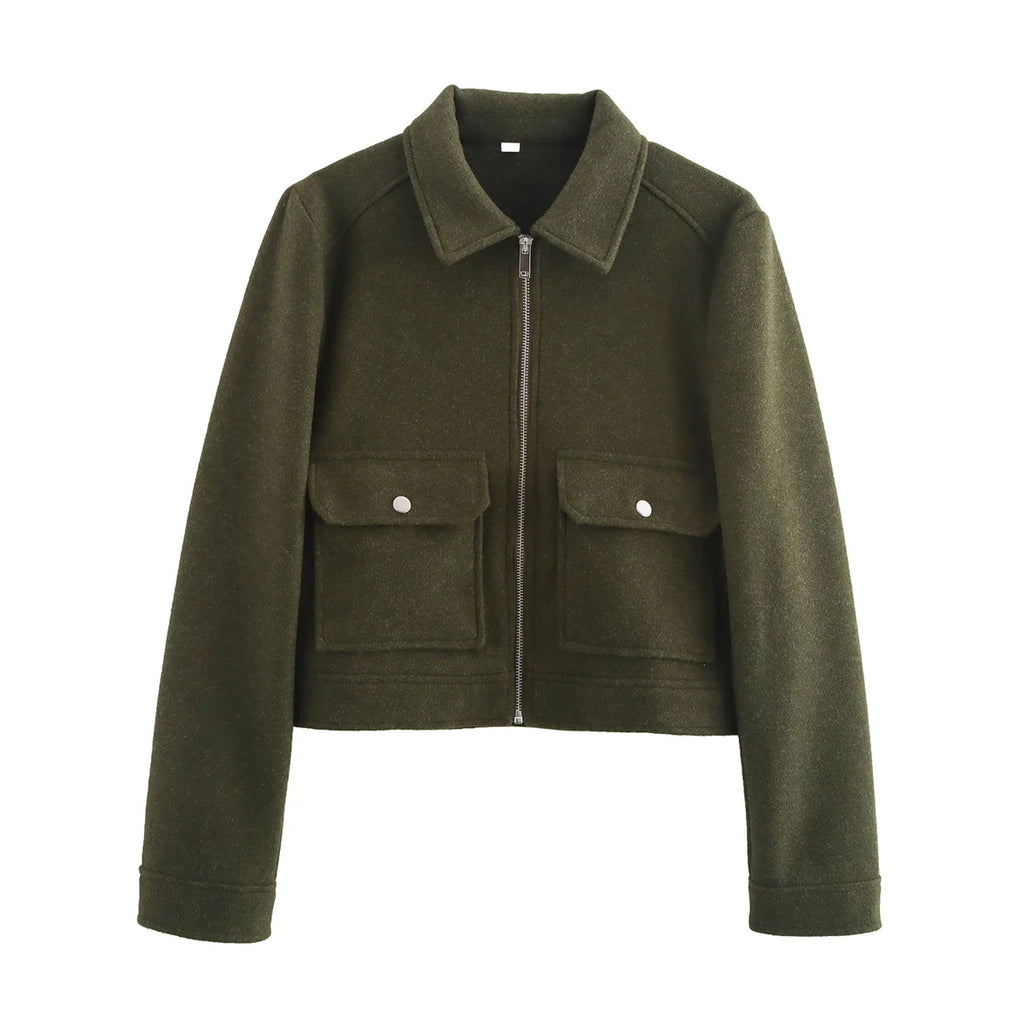 Women's Short Zip-Up Jacket Coat – Elegant Street Outerwear with Pockets